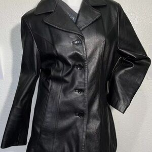 Vtg Pelle S. Wilson Black Leather Jacket Women Sz L Longline Y2K Minimalist 90s